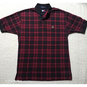 Tommy Hilfiger Vintage Polo Shirt Men's Medium Red Black Plaid Crest Logo Golf